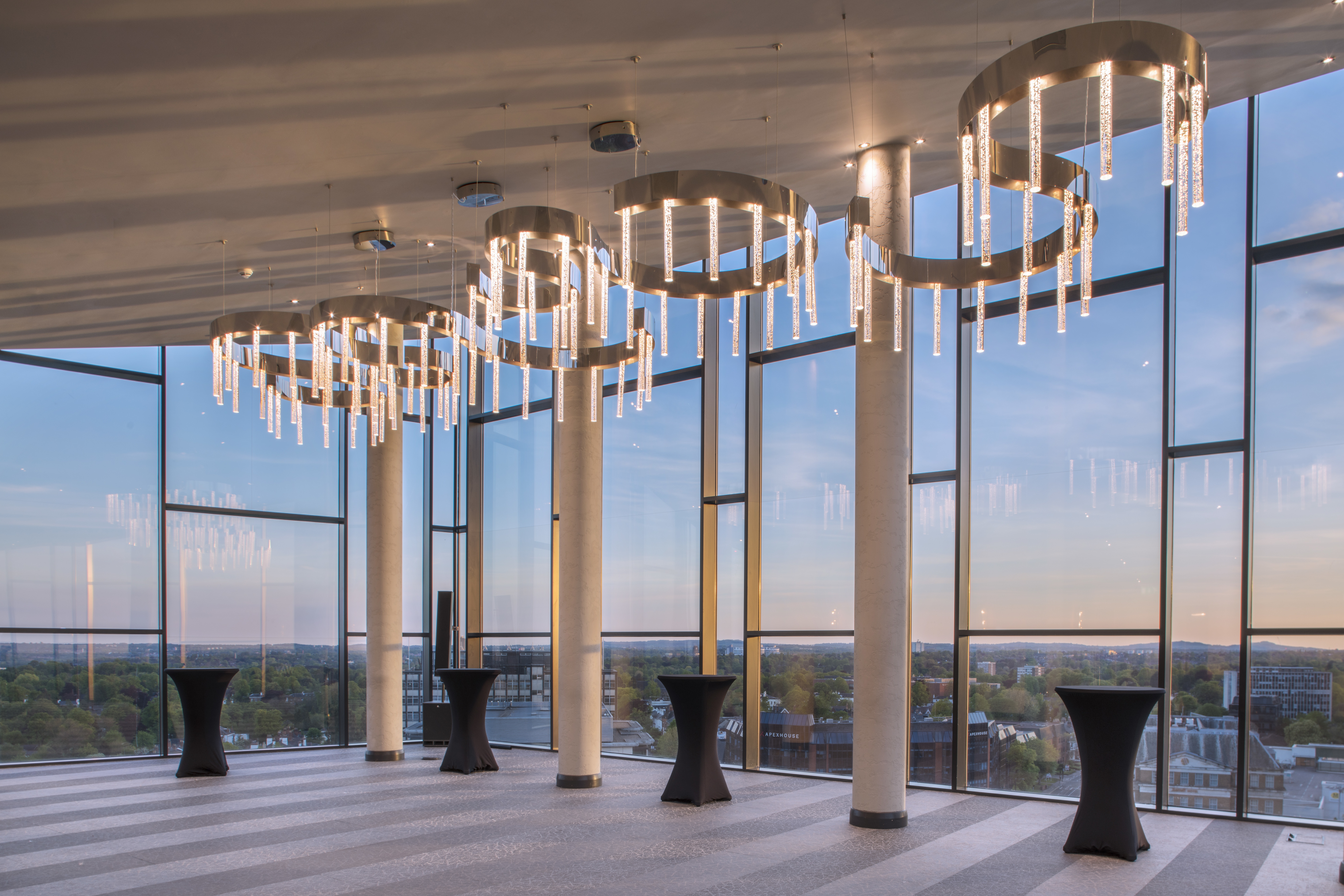 A stunning panoramic view of the city skyline at sky loft.
